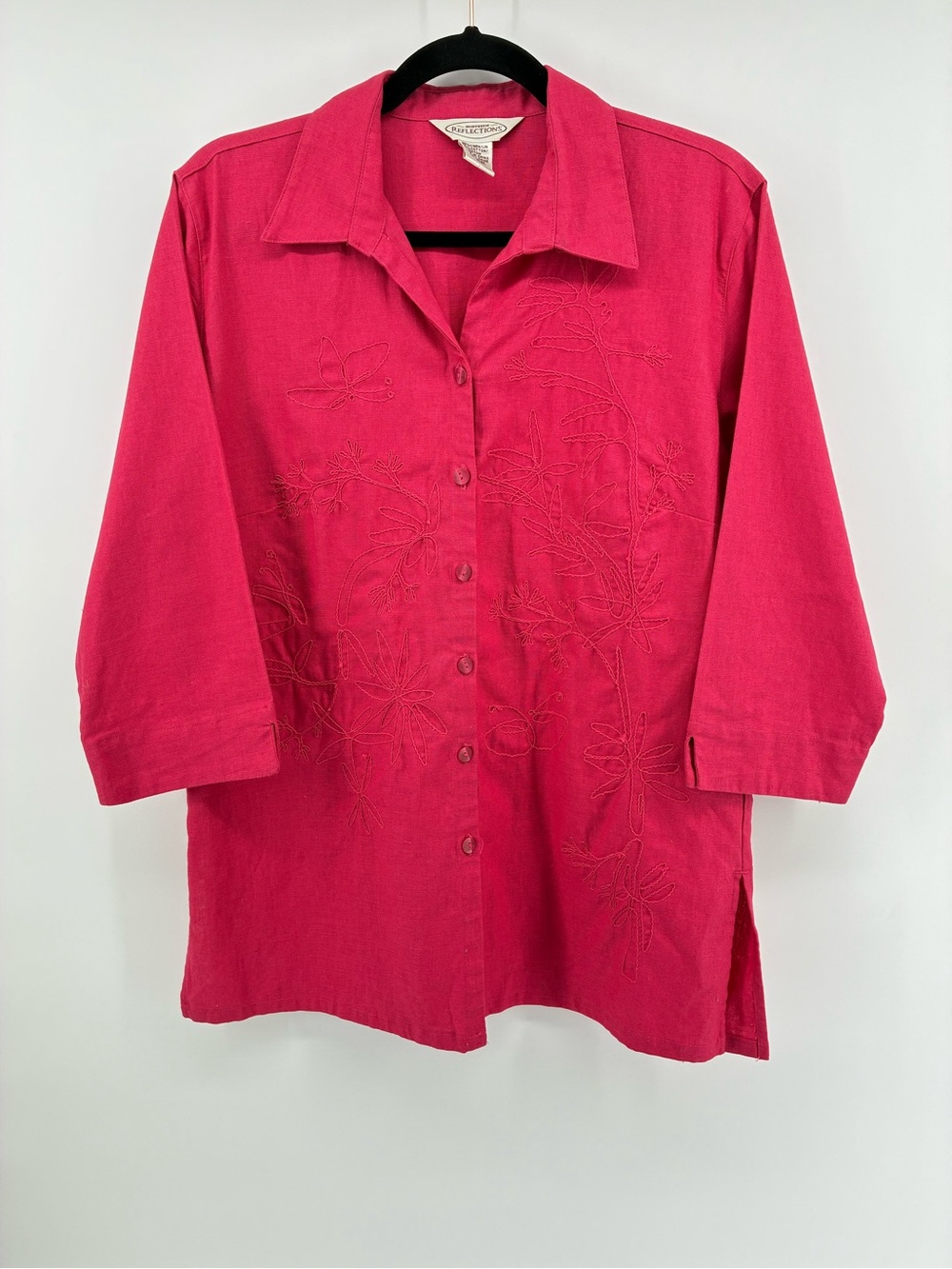 Northern Reflections Linen Blend Pink 3/4 Sleeve Embroidered Button-Down Shirt
